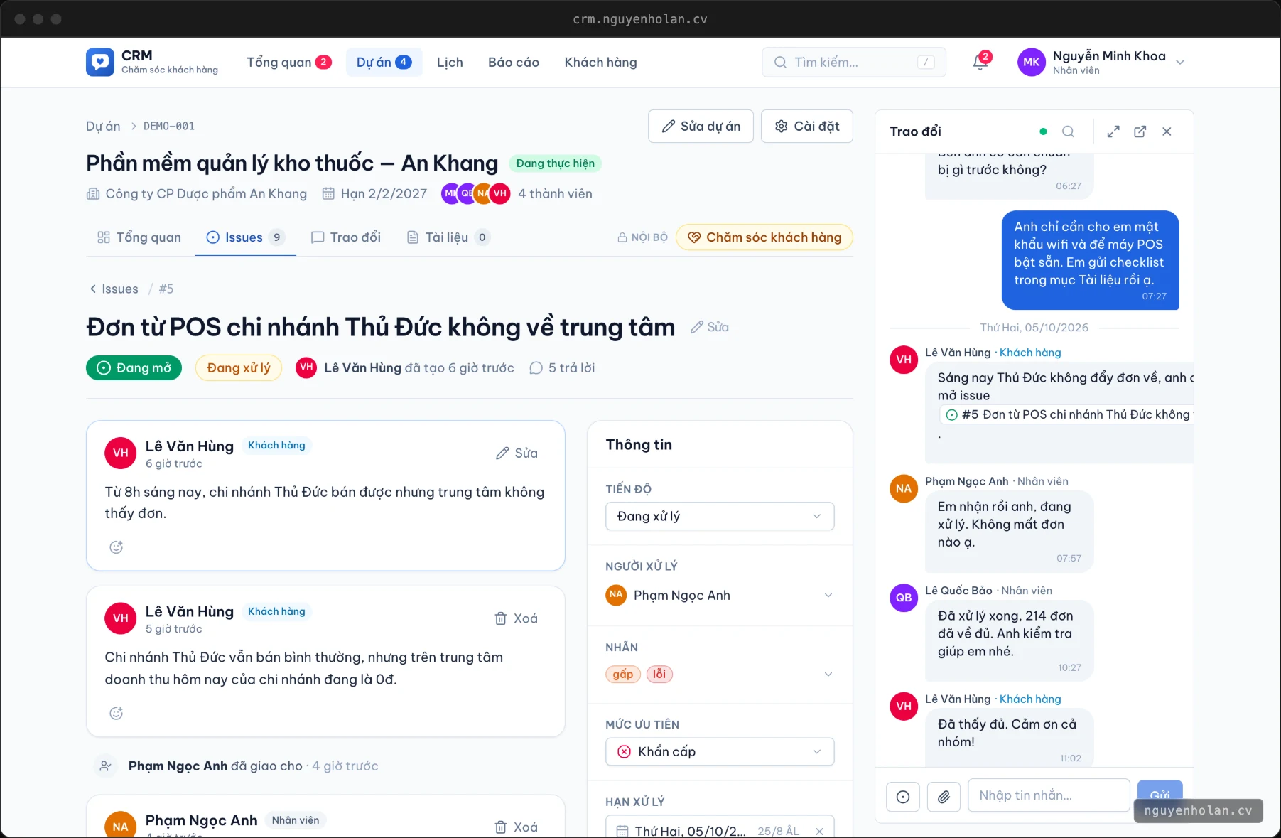 An issue: the thread with the customer, progress, assignee