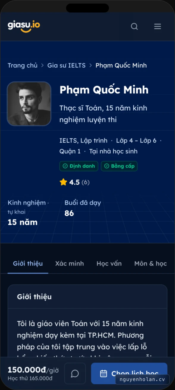 Tutor profile, booking pinned to the bottom