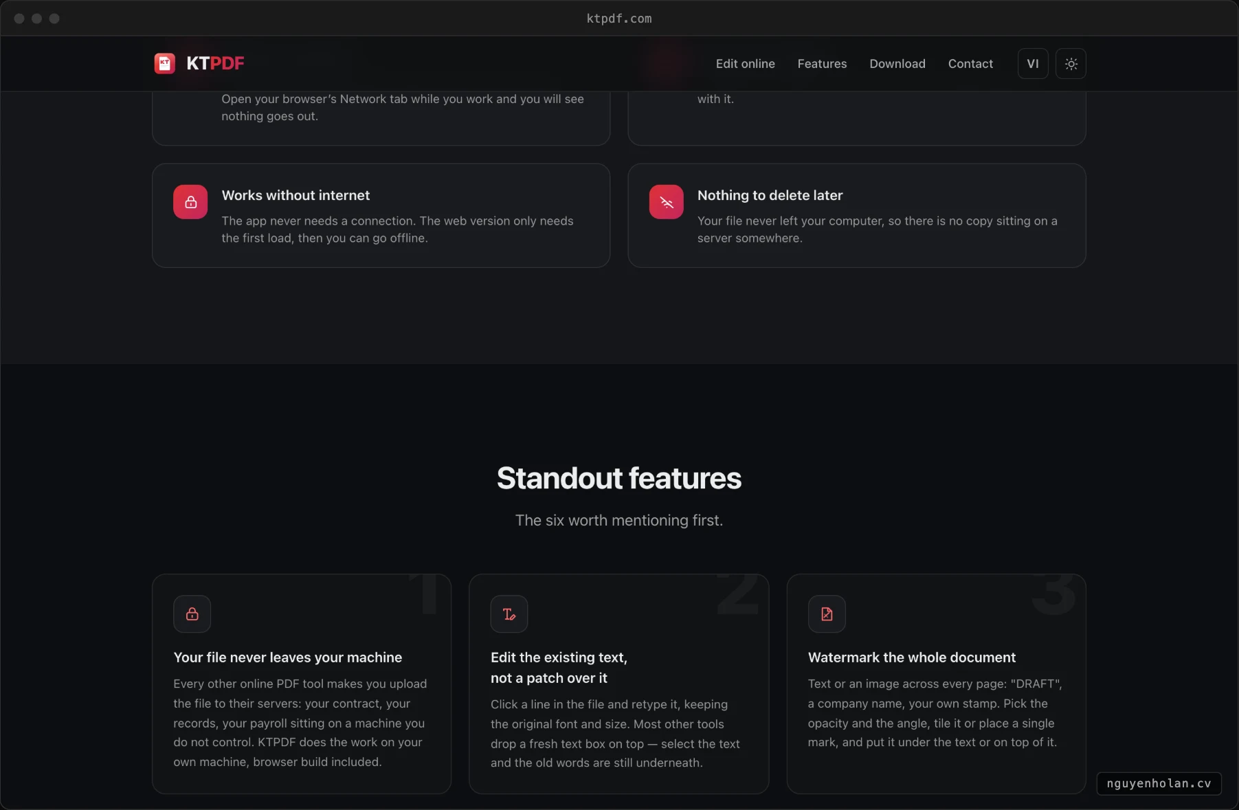 Privacy and features section